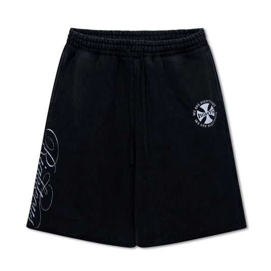 We Are Righteous Black Everyday Sweatshorts front view with drawcord waist and circular cross emblem