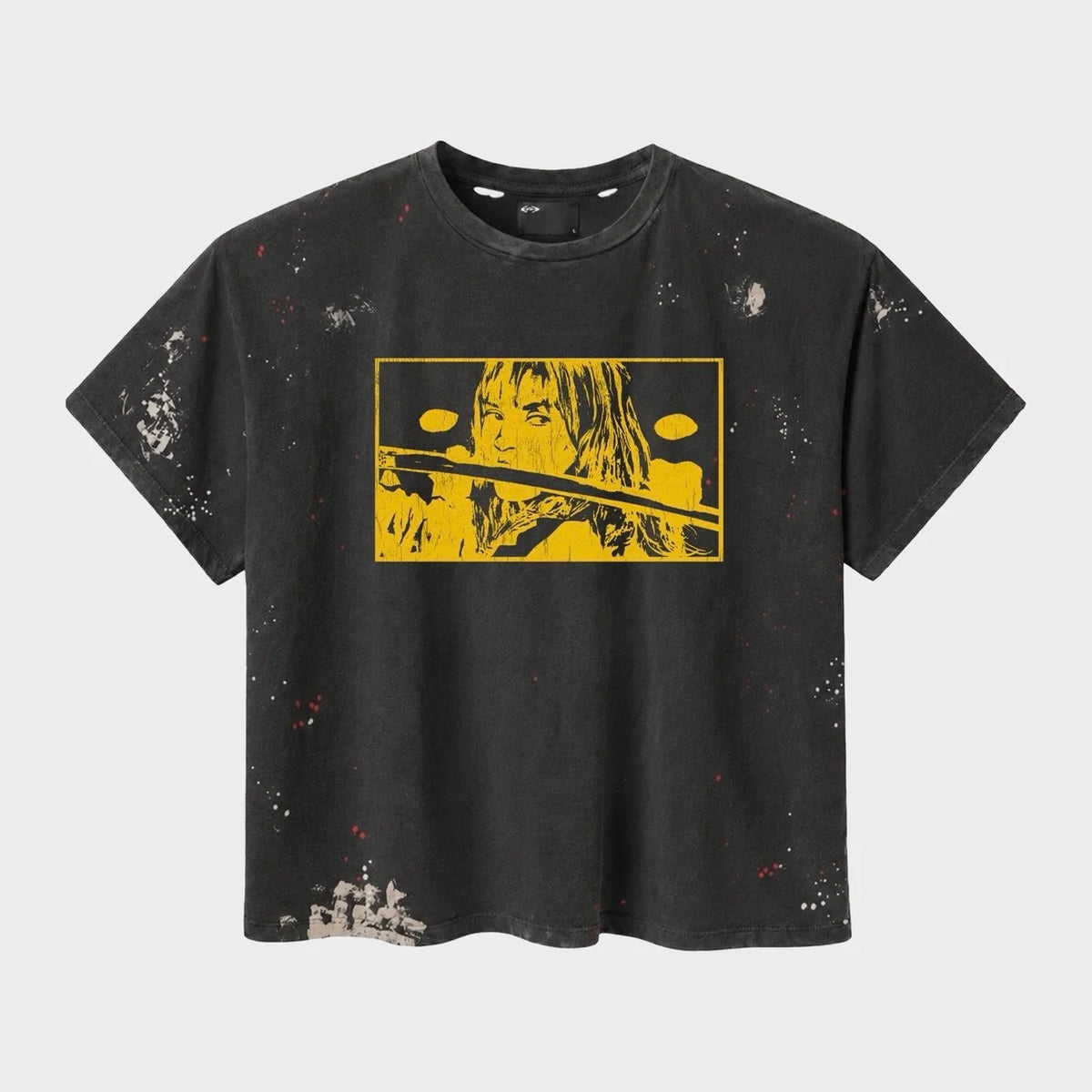 HMDD Black KB Vintage T-Shirt, washed black tee with paint splatter and a yellow panel print of a woman holding a sword