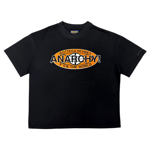 Bottega Desires Black Anarchy T-Shirt, boxy black tee with an orange oval graphic reading ANARCHY! and F*CK THE WORLD beneath