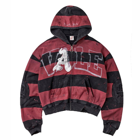 Vale ATL Zip Up front - washed red and black striped hoodie with a chenille VALE and script A chest applique