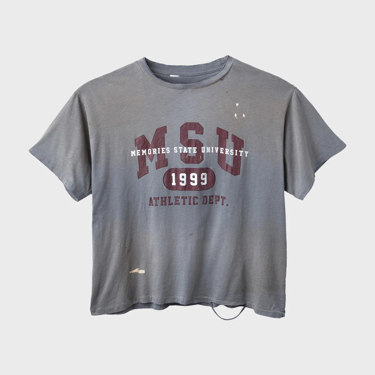 HMDD MSU College tee in faded grey with maroon and white MSU Memories State University 1999 Athletic Dept print and light distressing, front view