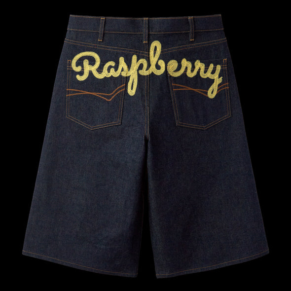 GV Gallery Belt Jorts back view with the yellow chain-stitch Raspberry script across the pockets