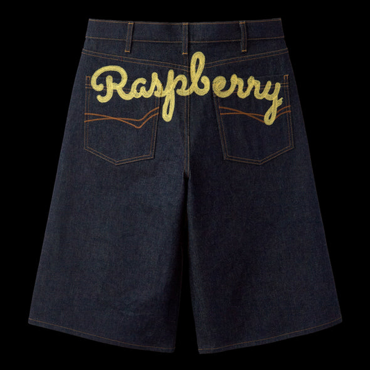 GV Gallery Belt Jorts back view with the yellow chain-stitch Raspberry script across the pockets