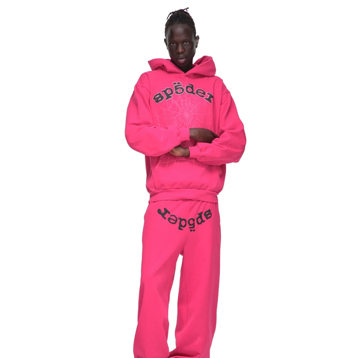 Sp5der Pink Black Rhinestone Legacy Hoodie On Body Full Outfit Male