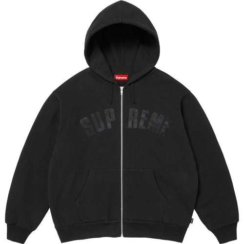 Supreme Arc Thermal zip hoodie in black with a tonal black applique arc SUPREME logo split by the zip, front view