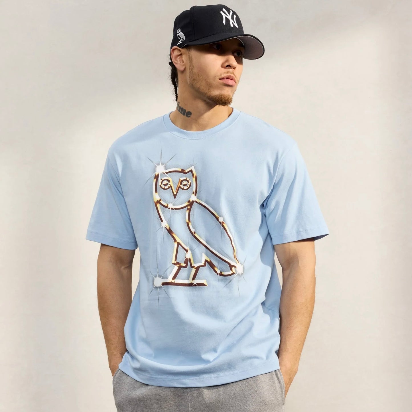 OVO Baby Blue Bling T-Shirt On Body Front