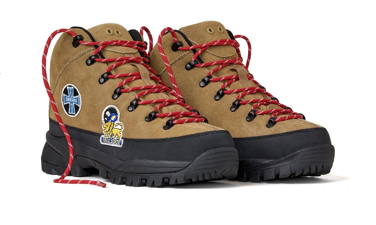 Vale Classic Wheat Hikers front pair view showing the Dreams cross patch and yellow lion crest