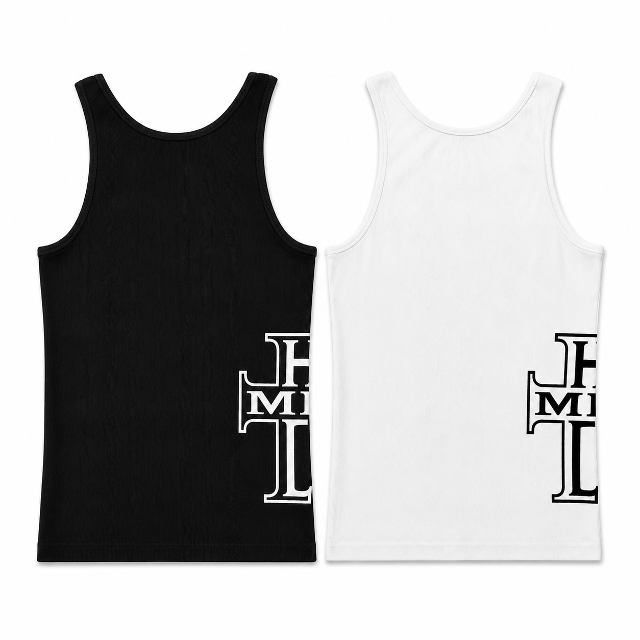 HMDD Tank Top 2-Pack, back view of the black and white ribbed tanks, each carrying the outlined HMDD cross monogram across the lower back