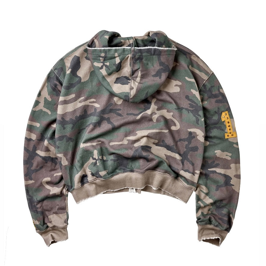 Vale Camo Zip Hoodie back view in woodland camo with the gold sleeve graphic