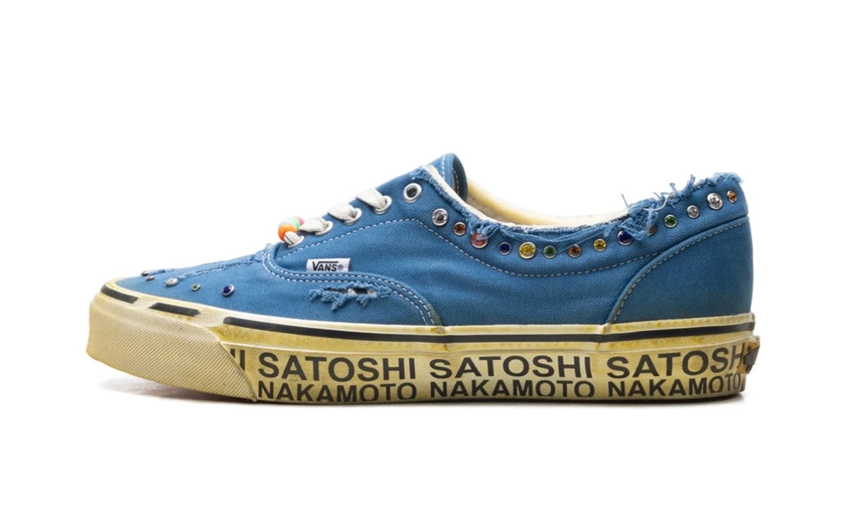 Vans OTW Era 95 x Satoshi Nakamoto Lucky Charm, washed blue canvas with frayed edges, multicolour charms and SATOSHI printed foxing tape, lateral side view