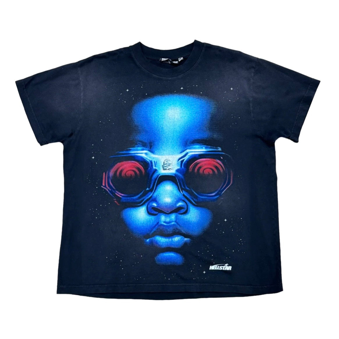 Hellstar Black Goggles Tee front with an airbrushed blue infant face in red spiral-lens goggles