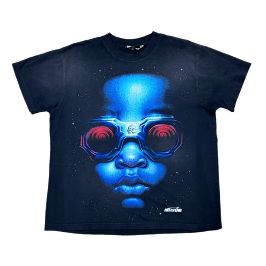 Hellstar Black Goggles Tee front with an airbrushed blue infant face in red spiral-lens goggles
