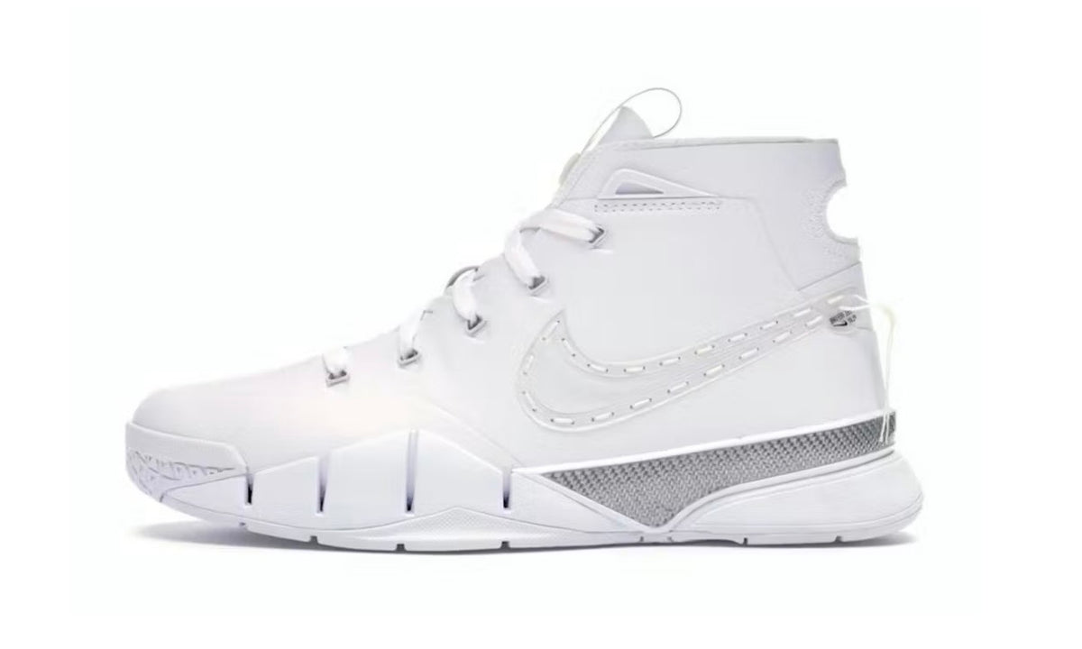 Nike Kobe 1 Protro Noise Cancelling Pack, lateral side of the all-white Kobe 1 Protro with a stitched tonal Swoosh and grey mesh heel panel