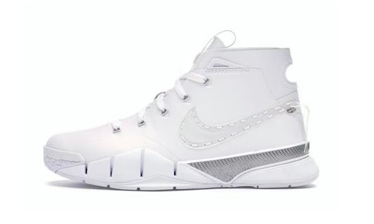 Nike Kobe 1 Protro Noise Cancelling Pack, lateral side of the all-white Kobe 1 Protro with a stitched tonal Swoosh and grey mesh heel panel