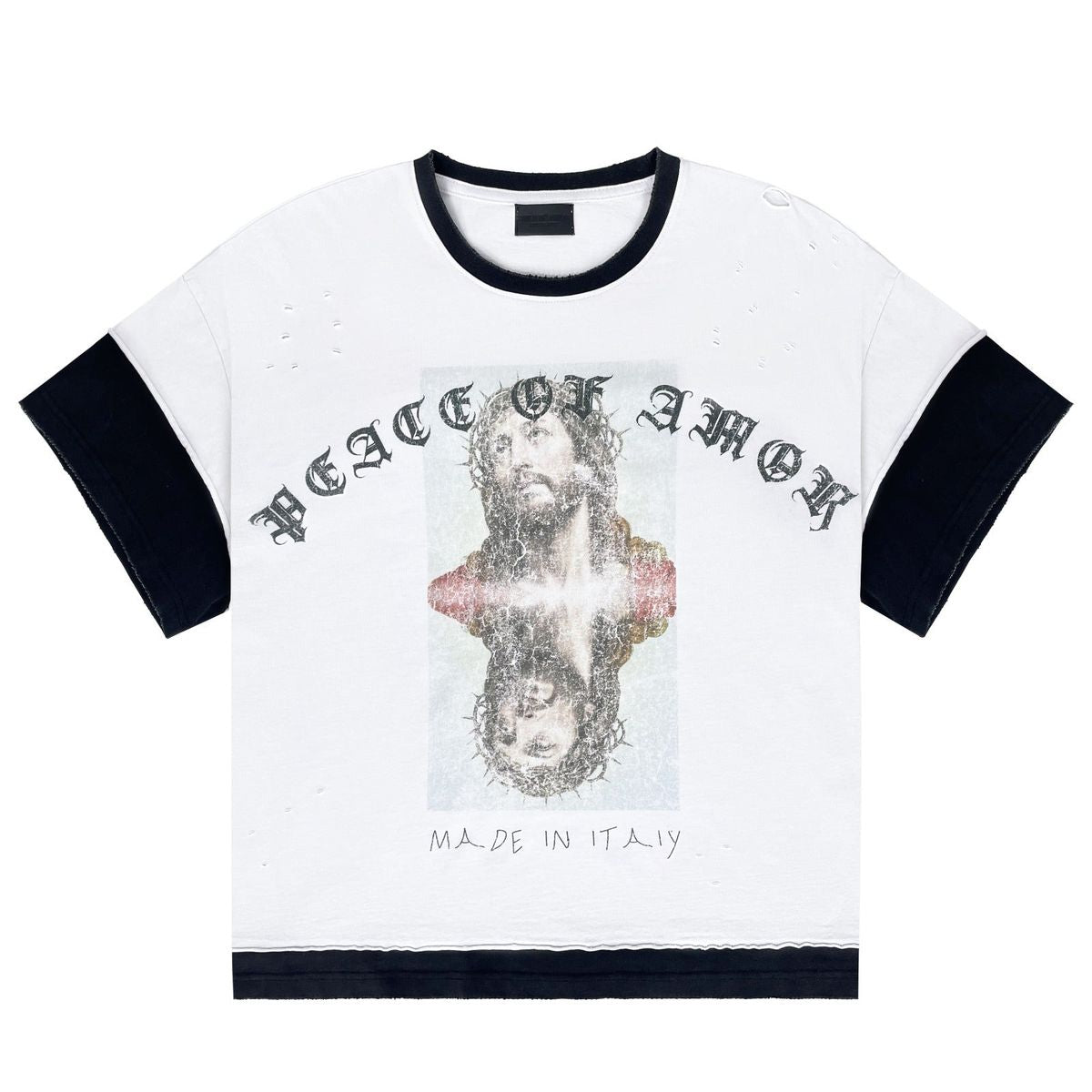 Stile De Amor White Peace of Amor T-Shirt, white ringer tee with navy trim, gothic lettering and a printed crucifixion image
