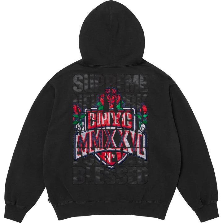 Supreme Black Blessed Applique Zip Hoodie back view with the tonal Supreme New York Forever Blessed applique