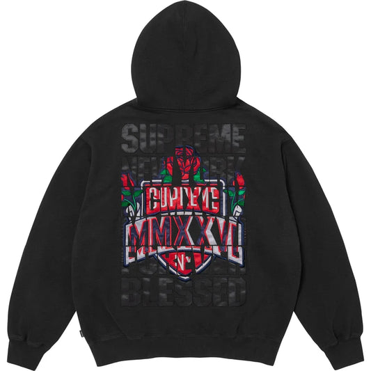 Supreme Black Blessed Applique Zip Hoodie back view with the tonal Supreme New York Forever Blessed applique