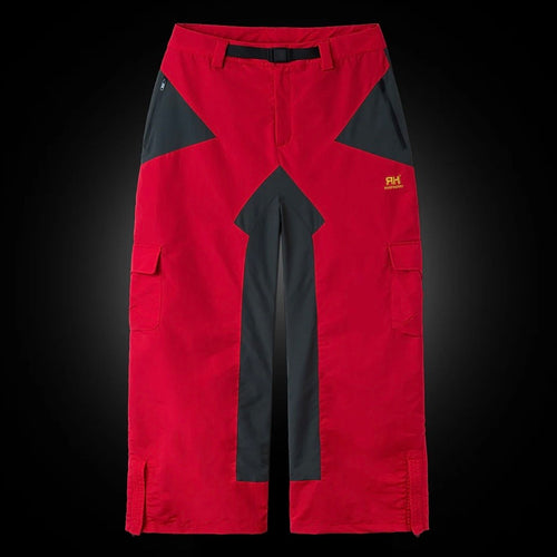GV Gallery Red RH Trail Pants, red technical trail pants with charcoal panels, cargo pockets, belt buckle and a gold RH thigh logo