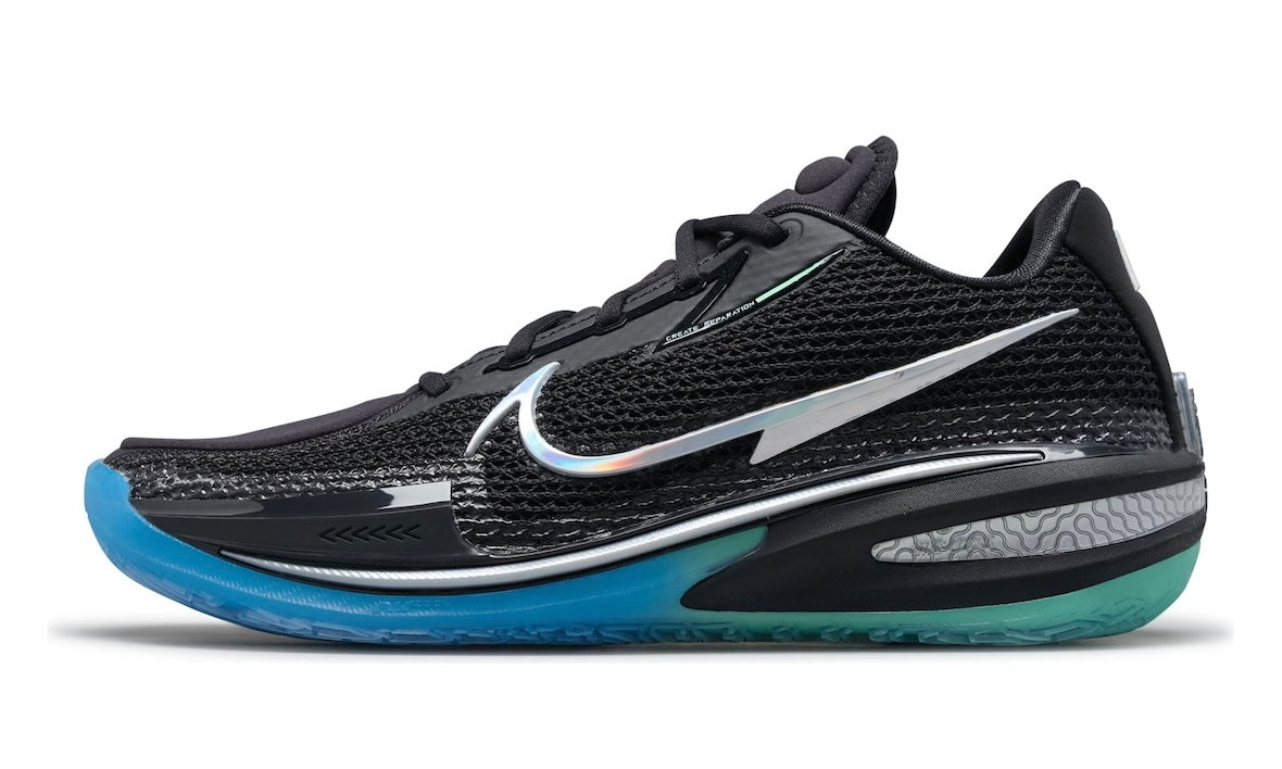 Nike Air Zoom GT Cut Nike Nationals, lateral side of the black GT Cut with an iridescent Swoosh and a blue-to-teal gradient sole