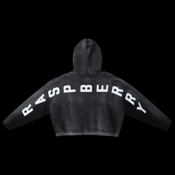 GV Gallery Mateo Hoodie, back of the washed black hoodie with a white Raspberry arch across the back and sleeves