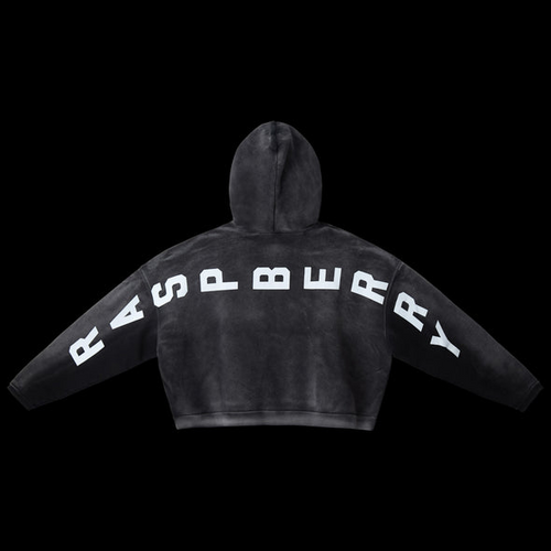 GV Gallery Mateo Hoodie, back of the washed black hoodie with a white Raspberry arch across the back and sleeves