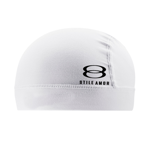 Stile De Amor white stretch skull cap with a black Stile Amor logo near the hem