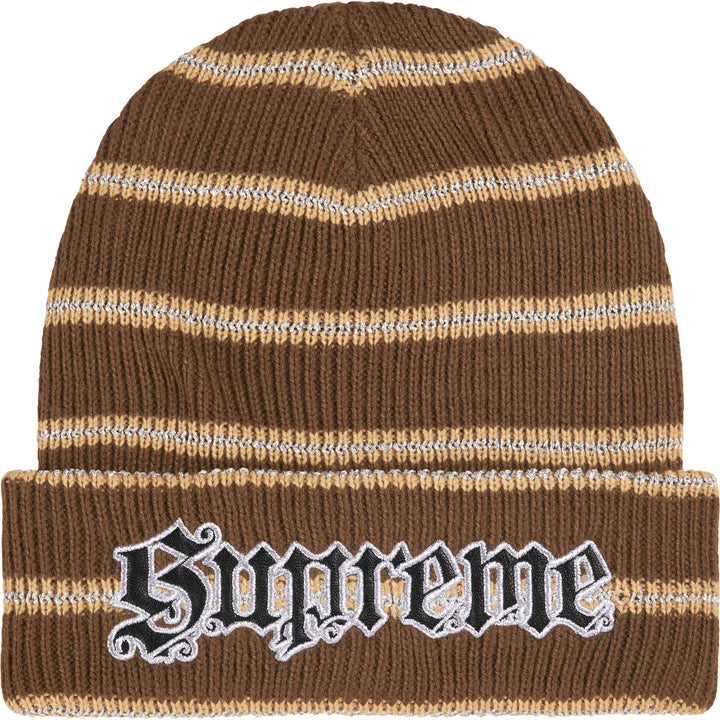 Supreme Brown Metallic Stripe Beanie front view with tan and metallic stripes and Old English cuff logo