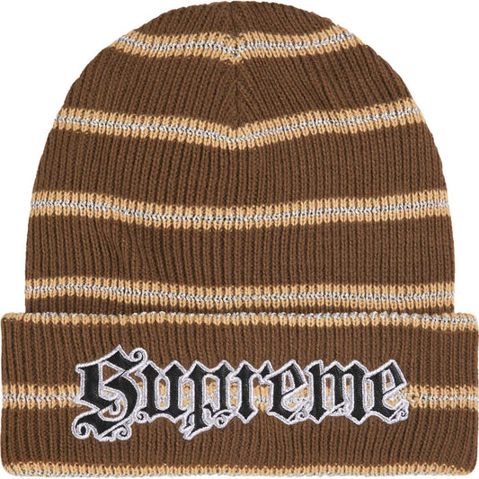Supreme Brown Metallic Stripe Beanie front view with tan and metallic stripes and Old English cuff logo
