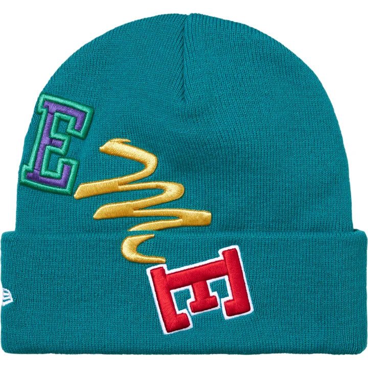 Supreme Teal New Era Arc Beanie angled view showing green, gold and red arc letters