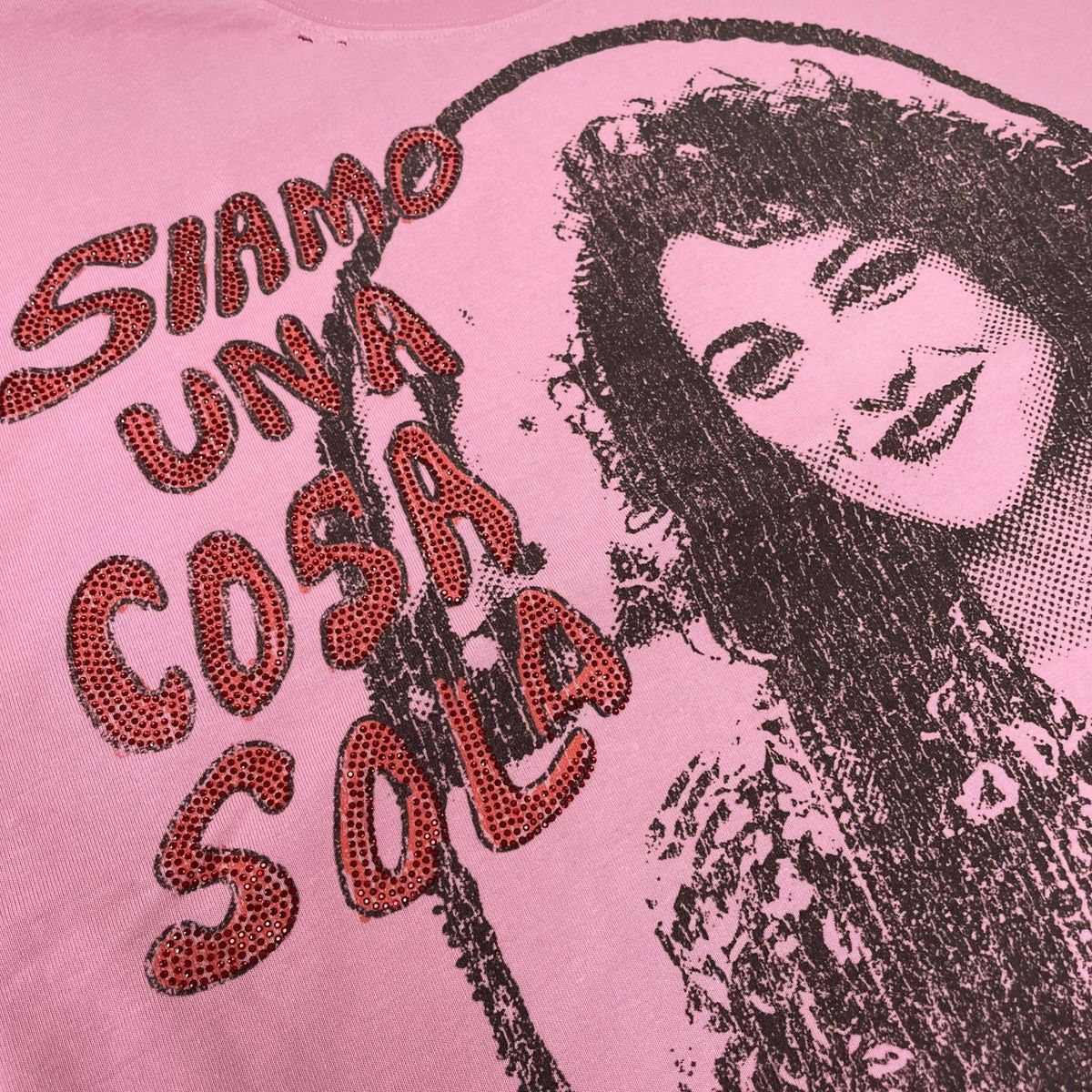 Stile De Amor Pink Cosa Sola T-Shirt, close-up of the print, dark red SIAMO UNA COSA SOLA letters beside the portrait