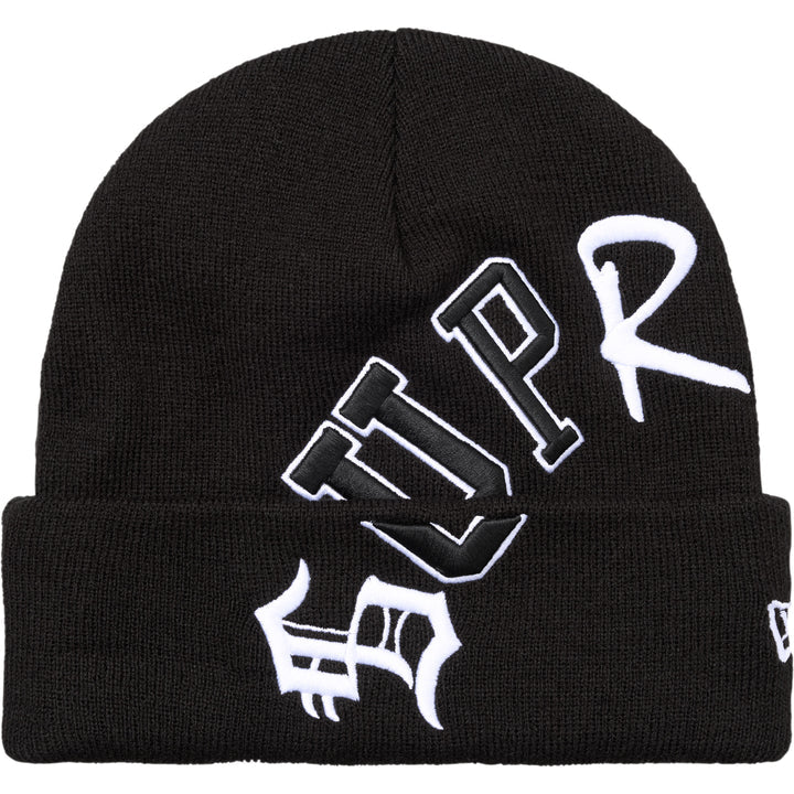 Supreme Black New Era Arc Beanie front view with arced SUPR appliqué letters and New Era flag on the cuff