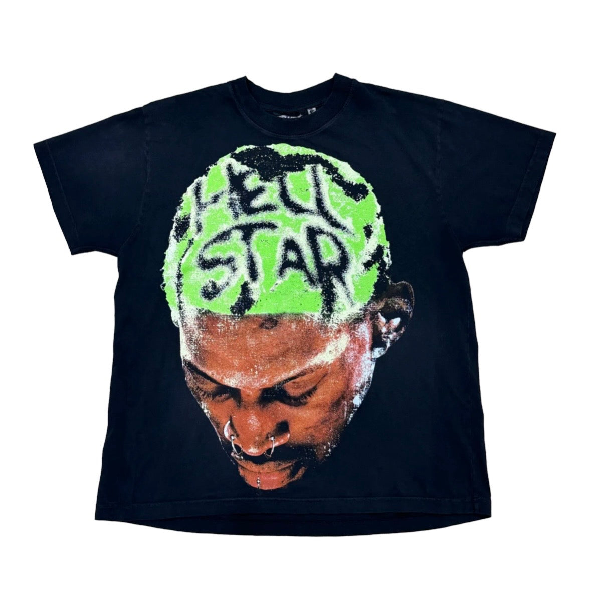 Hellstar Black Rodman Tee front with a bowed head portrait and green hair tagged Hell Star