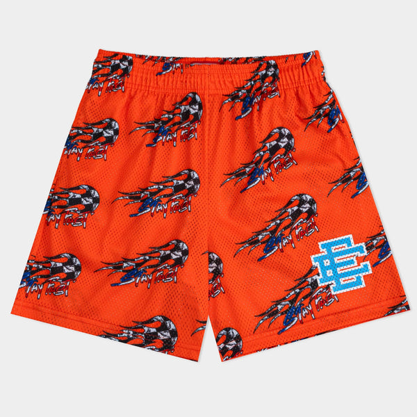Eric Emanuel Orange Matty Boy Shorts, orange shorts with an all-over checkered-flag flame print and a light blue EE logo