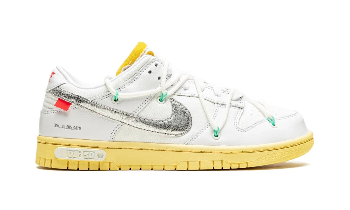 Off-White x Nike Dunk Low Lot 1, medial side profile with lot number print on the midsole