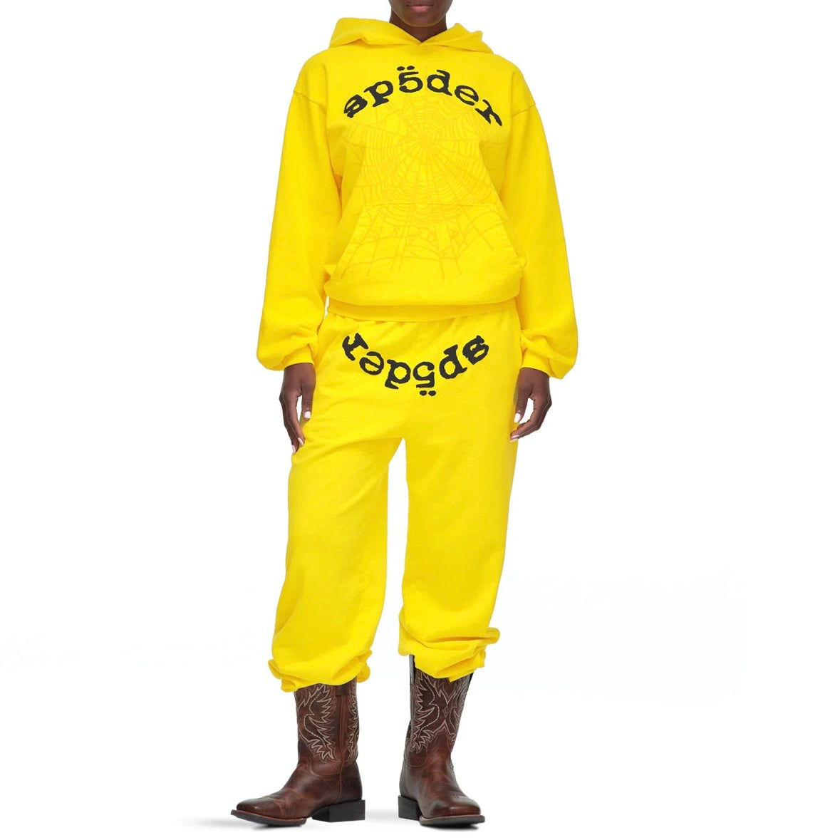 Sp5der Yellow Black Legacy Hoodie On Body With Boots