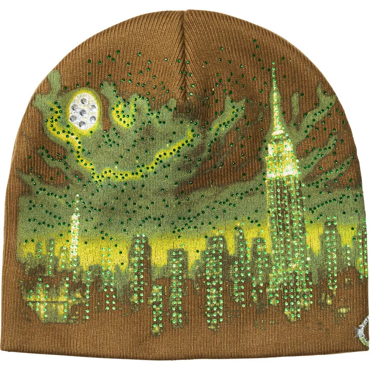 Reverse of the brown Supreme Cityscape beanie showing the rhinestone skyline wrapping around