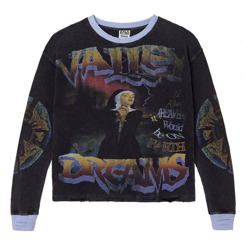 Vale Wrath of Faith Thermal Long Sleeve, front: washed black crewneck with pale blue trim, graffiti VALLEY DREAMS text and a robed figure
