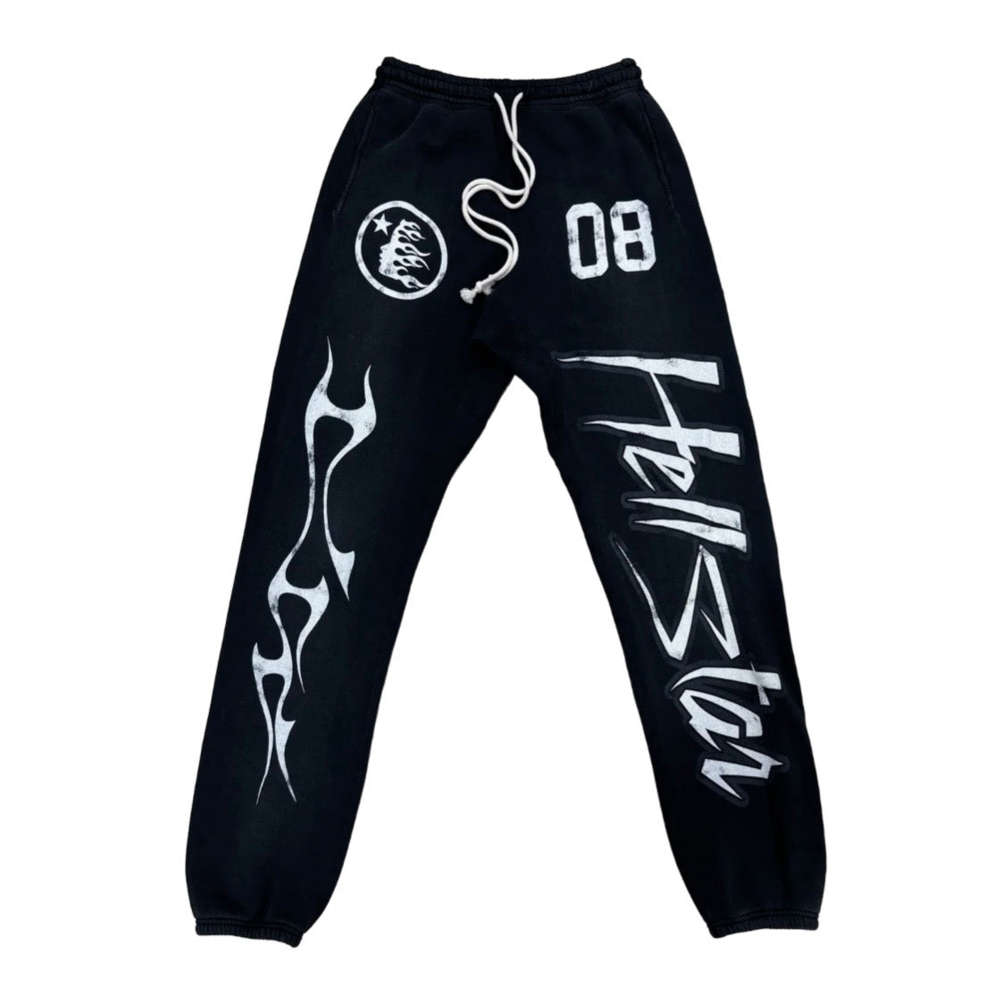 Hellstar Black Racer Sweatpants front with white 08, circular seal, flame and script leg prints