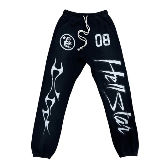 Hellstar Black Racer Sweatpants front with white 08, circular seal, flame and script leg prints