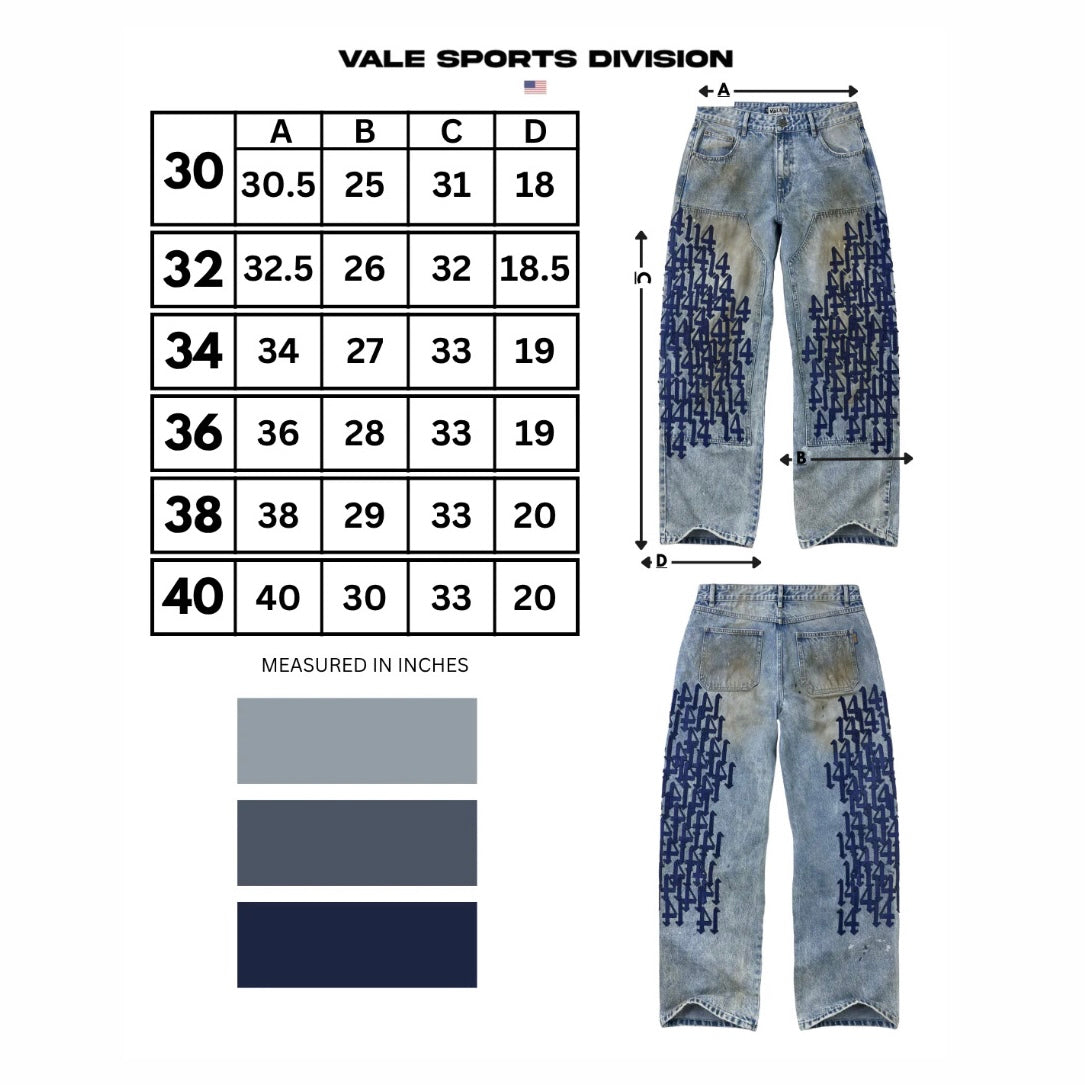 Vale Shipyard Painter Pants, Vale Sports Division size guide in inches for waists 30 to 40 with A, B, C and D columns