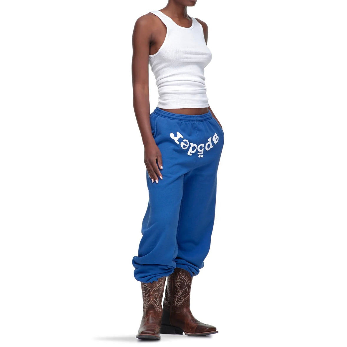 Sp5der Blue White Legacy Sweatpants On Body with Boots