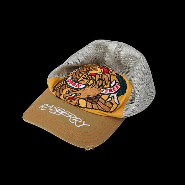 Tan and cream mesh trucker cap with gold panels, eagle embroidery and RASBERRY brim