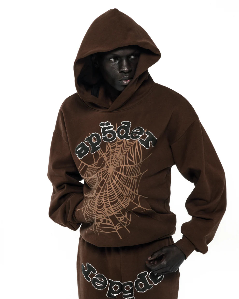 Sp5der Brown Rhinestone OG Web Hoodie