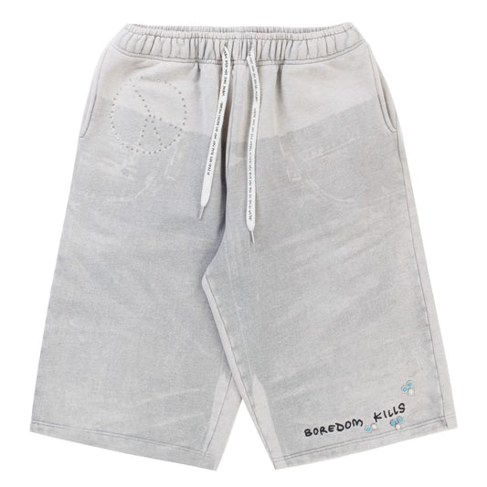 Boredom Kills Grey Denim Print Shorts
