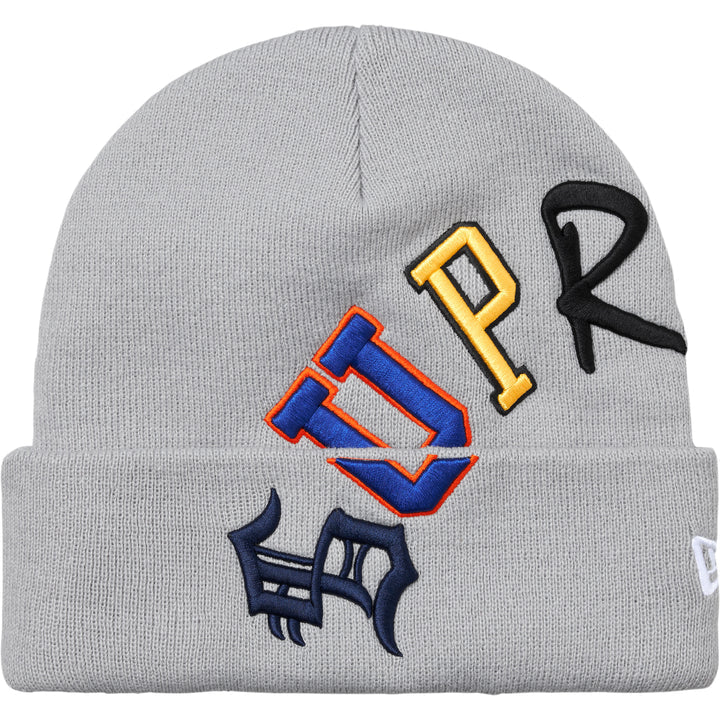 Supreme Grey New Era Arc Beanie front view with blue, yellow and black arc letters and New Era cuff flag