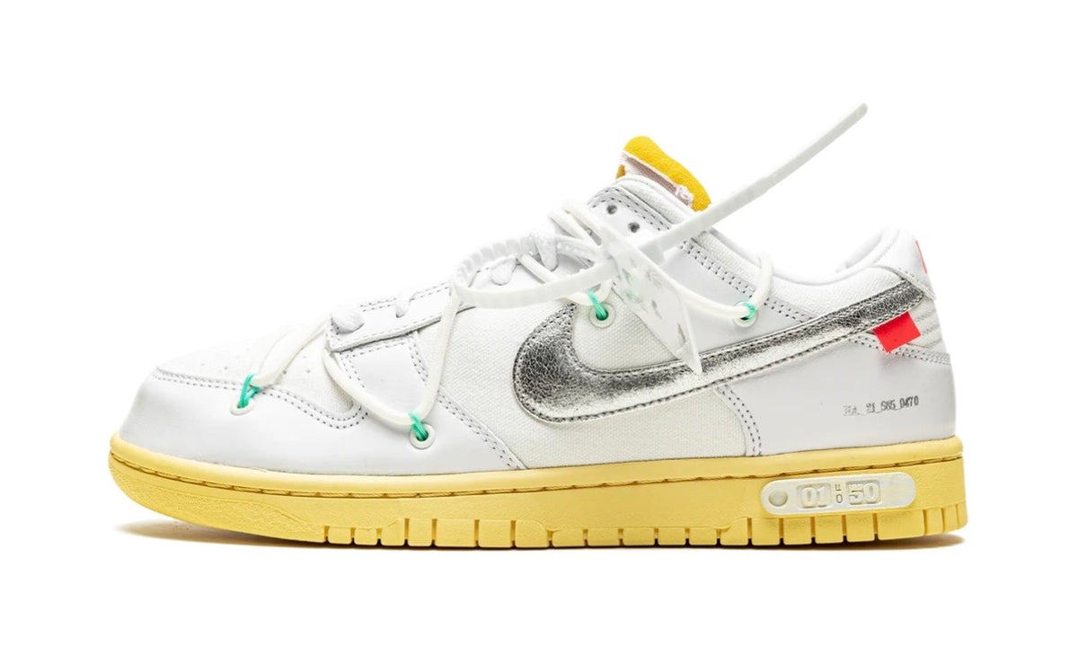 Off-White x Nike Dunk Low Lot 1, lateral side profile with red tab on the heel
