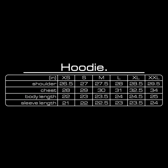 GV Gallery Czech Hoodie size chart listing shoulder, chest, body length and sleeve length in inches
