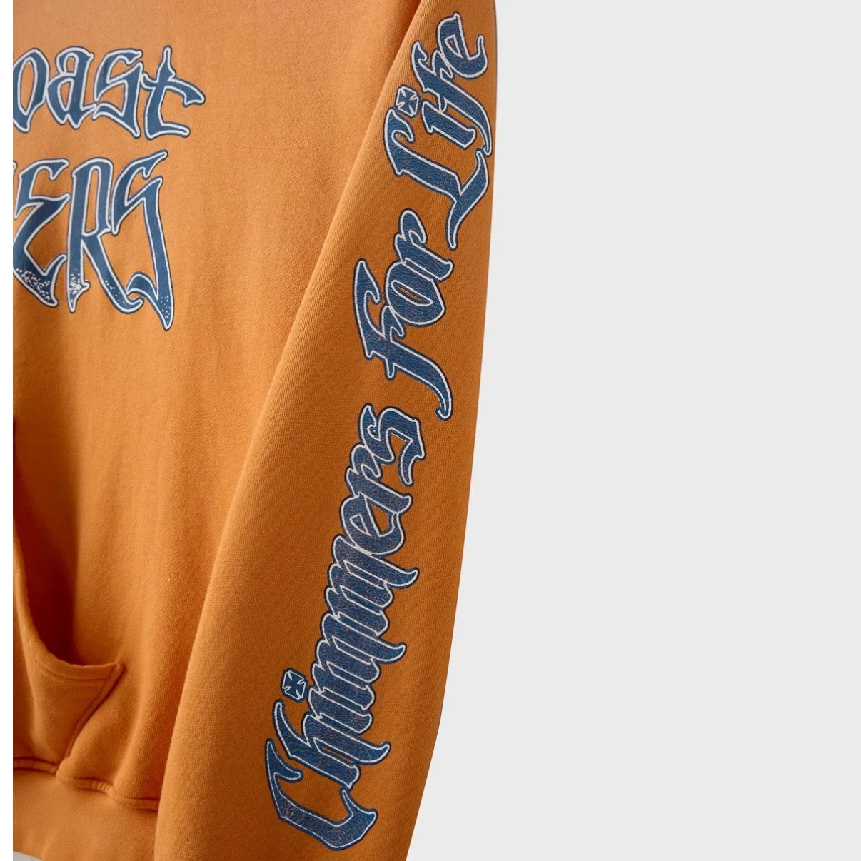 HMDD Cropped OC Summer Zip Hoodie, close-up of the sleeve with blue gothic Chimmers For Life running down the arm