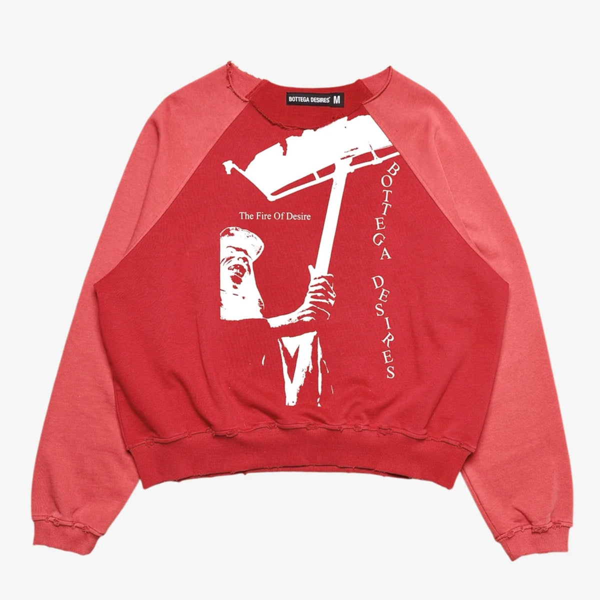 Bottega Desires Fire Of Desire crewneck in washed red with faded raglan sleeves, front graphic of a figure holding a flag with The Fire Of Desire text and vertical Bottega Desires lettering