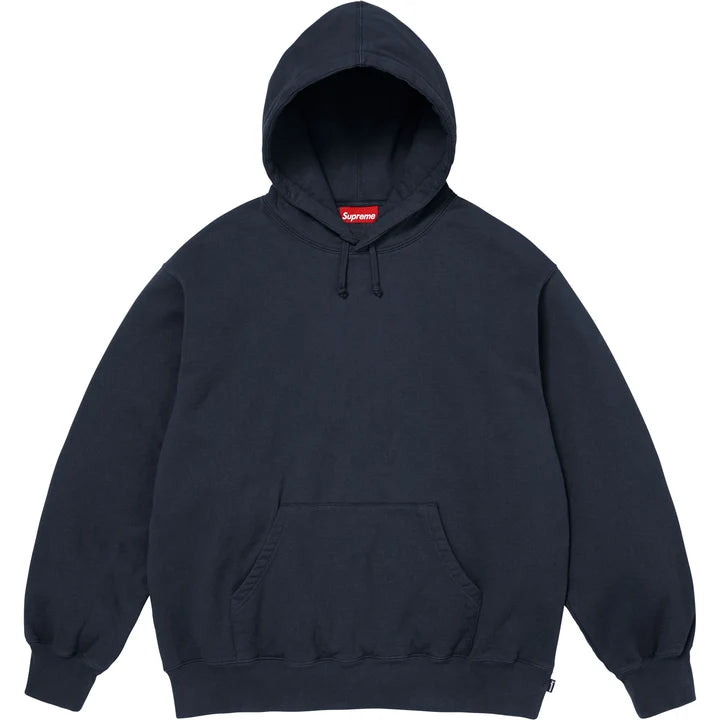 Front of the navy Supreme Mirrored Applique hoodie, plain with a kangaroo pocket